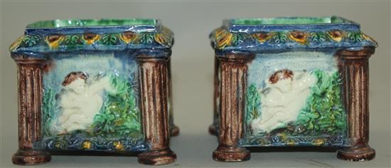 A pair of Palissy style square cache pots, 19th century, height 7.5cm